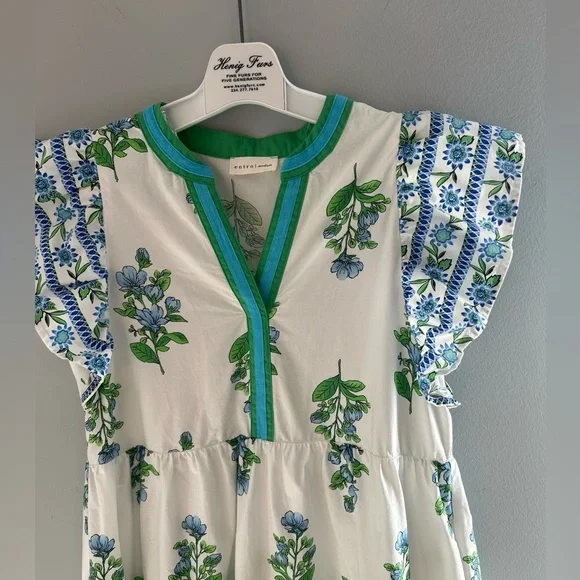 entro White Midi Dress with Blue Floral Print and Green Trim - Picture 4 of 16